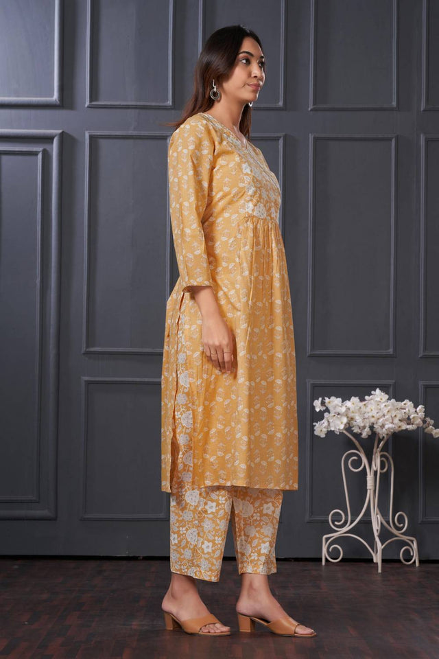 Yellow Floral Printed Cotton Kurti Pant Set