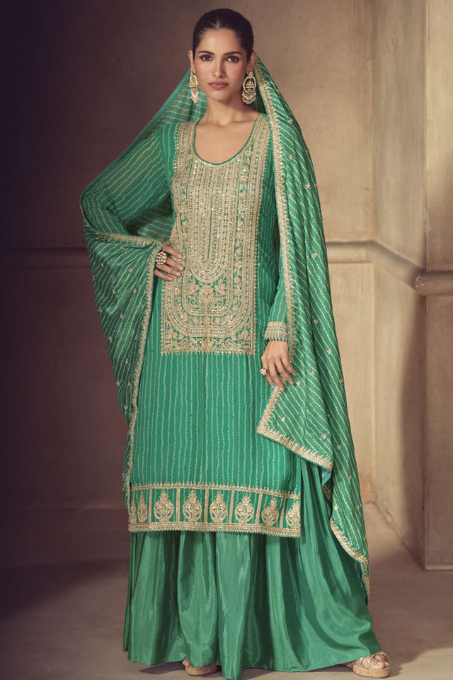 Green Embellished Art Silk Sharara Suit Set (gulkayra mrunal-7573)