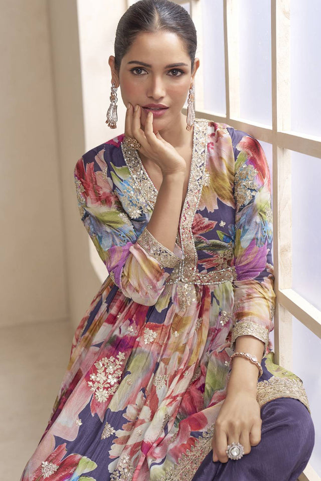 Violet Floral Printed Art Silk Sharara Suit Set (gulkayra raaga-7593)
