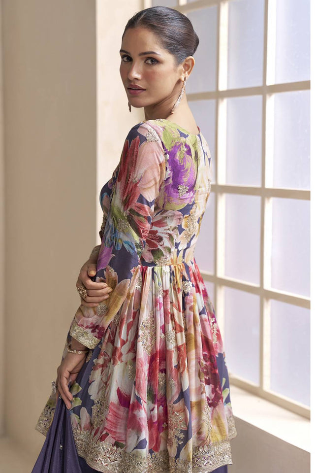 Violet Floral Printed Art Silk Sharara Suit Set (gulkayra raaga-7593)