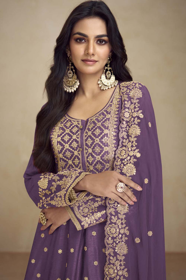 Violet Sequin with Embroidered Silk Pakistani Suit Set