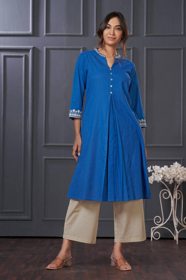 Blue Solid Cotton Kurti Pant Set