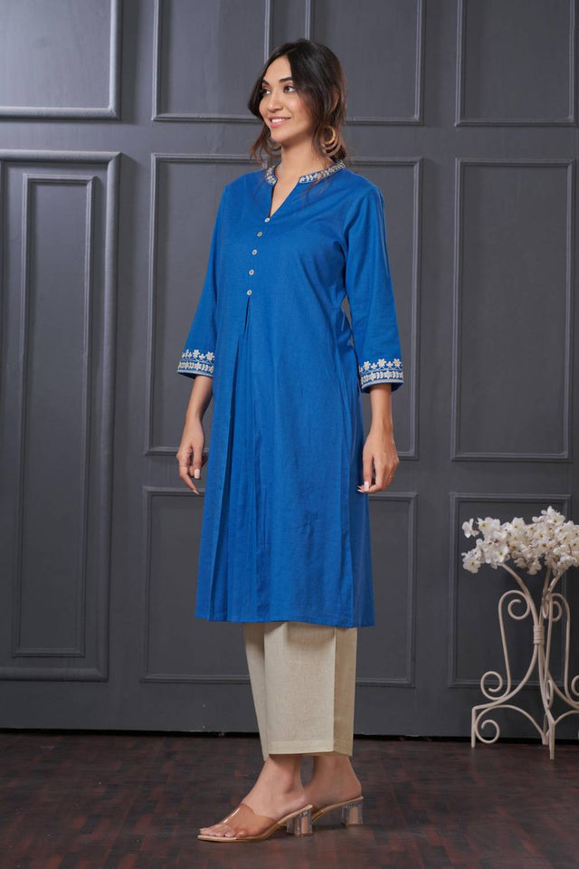 Blue Solid Cotton Kurti Pant Set