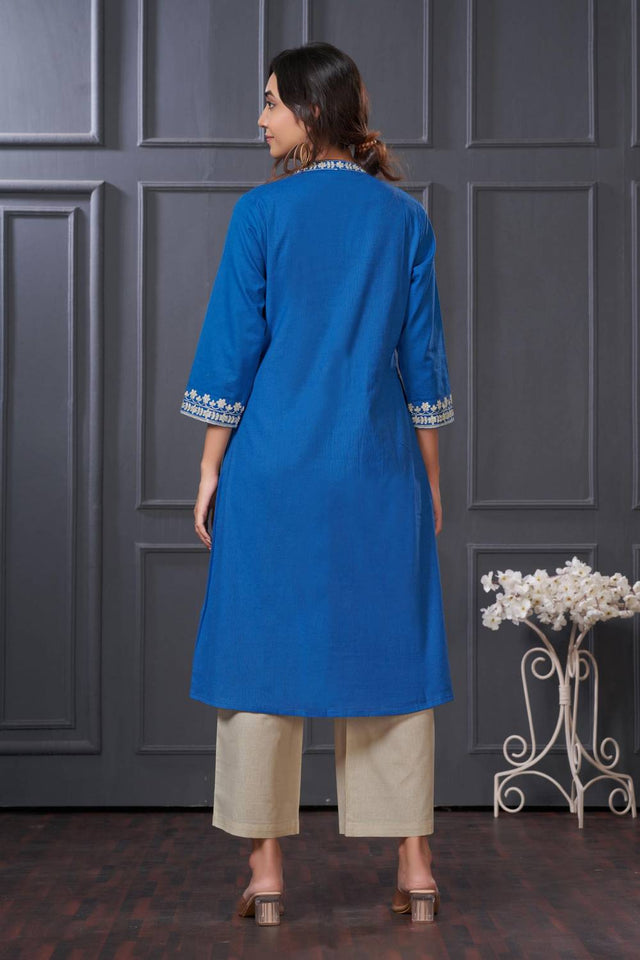 Blue Solid Cotton Kurti Pant Set