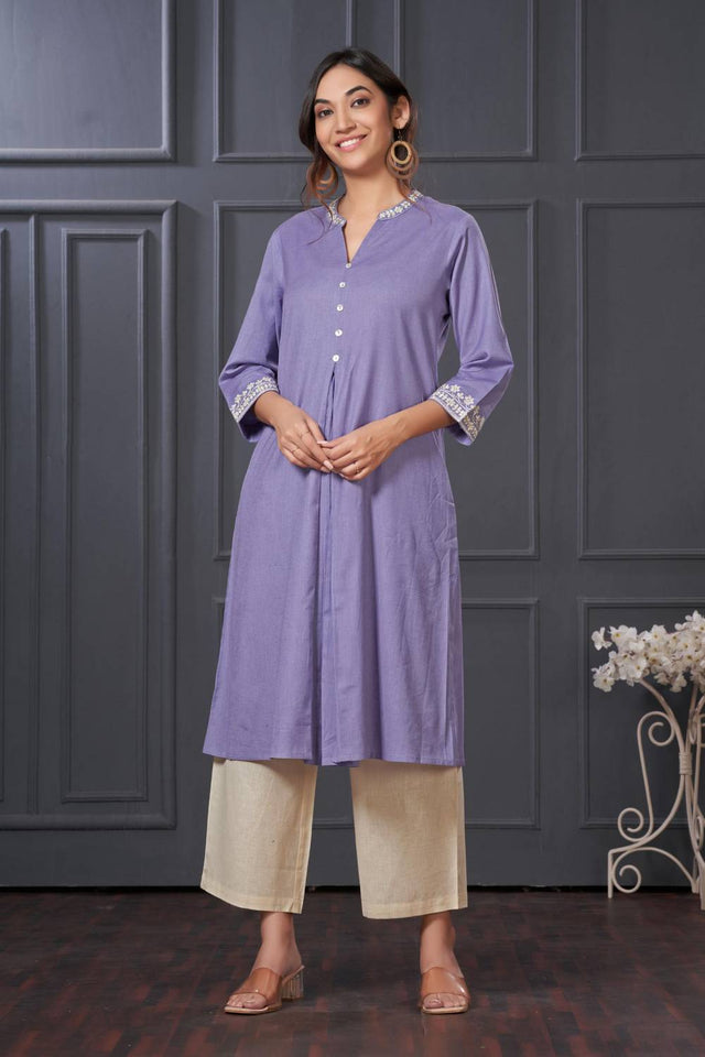 Violet Solid Cotton Kurti Pant Set