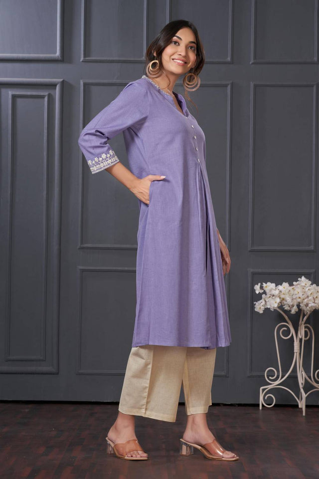 Violet Solid Cotton Kurti Pant Set