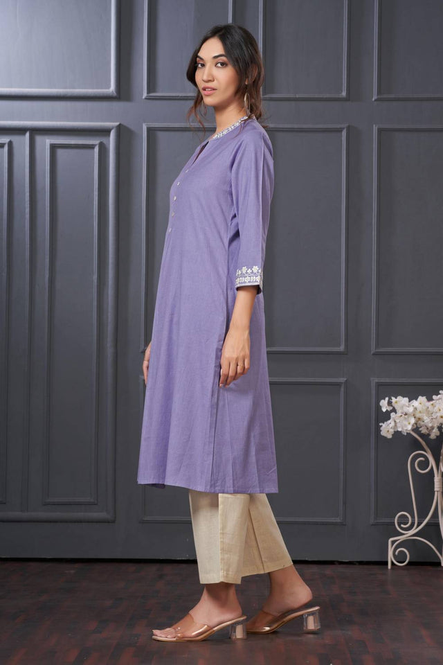 Violet Solid Cotton Kurti Pant Set