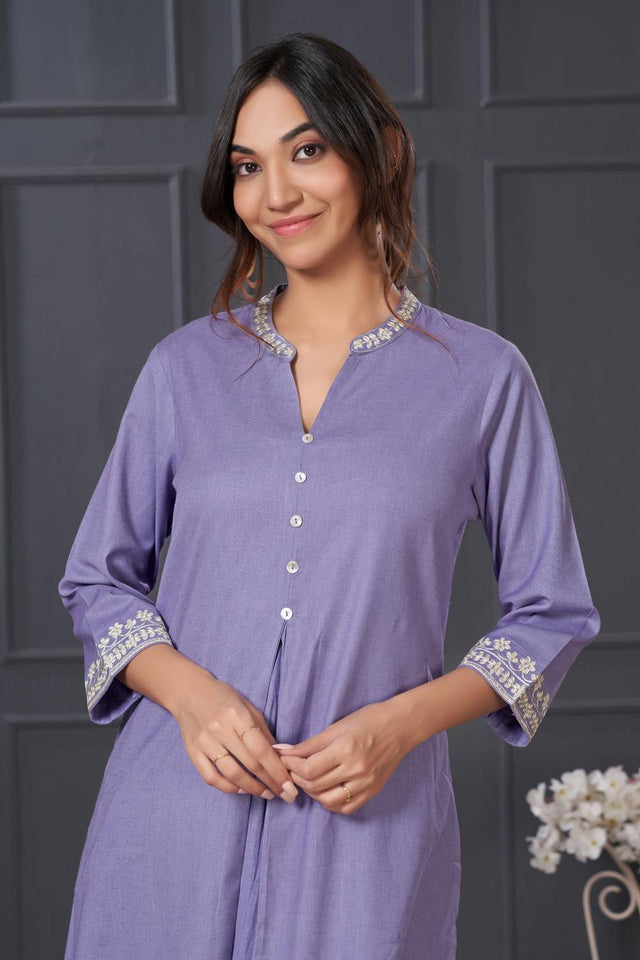 Violet Solid Cotton Kurti Pant Set
