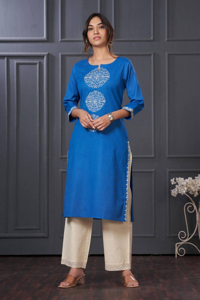 Blue Embroidered Cotton Kurti Pant Set