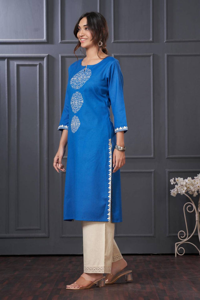 Blue Embroidered Cotton Kurti Pant Set