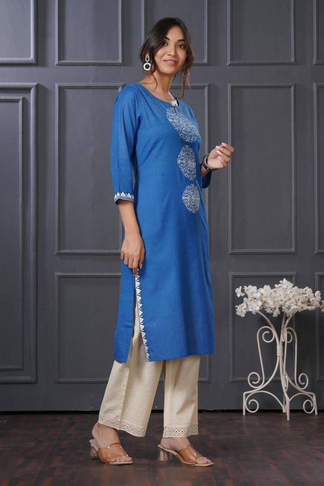 Blue Embroidered Cotton Kurti Pant Set