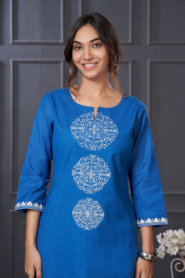 Blue Embroidered Cotton Kurti Pant Set