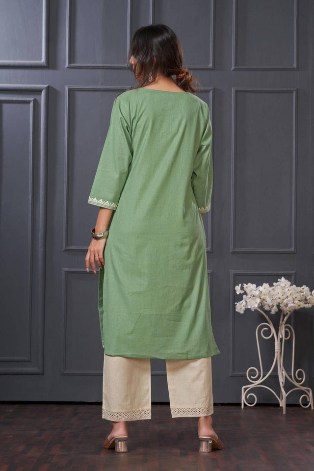 Green Embroidered Cotton Kurti Pant Set