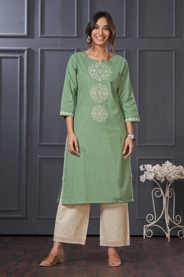 Green Embroidered Cotton Kurti Pant Set