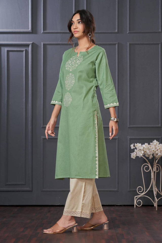 Green Embroidered Cotton Kurti Pant Set