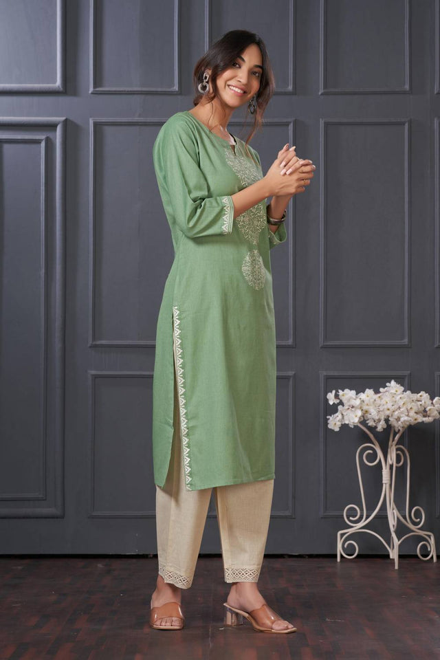 Green Embroidered Cotton Kurti Pant Set