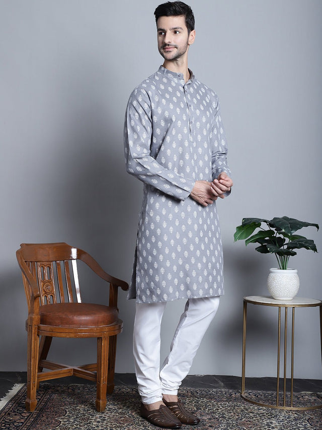 Men's Grey Cotton Floral Printed Kurta