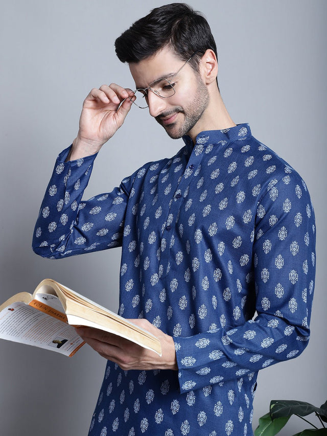 Men's Navy Blue Cotton Floral Printed Kurta