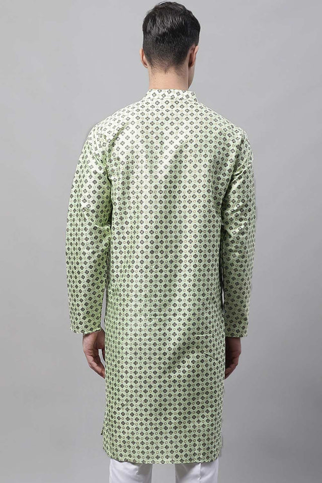 Men's Pista Green Printed Silk Blend Kurta