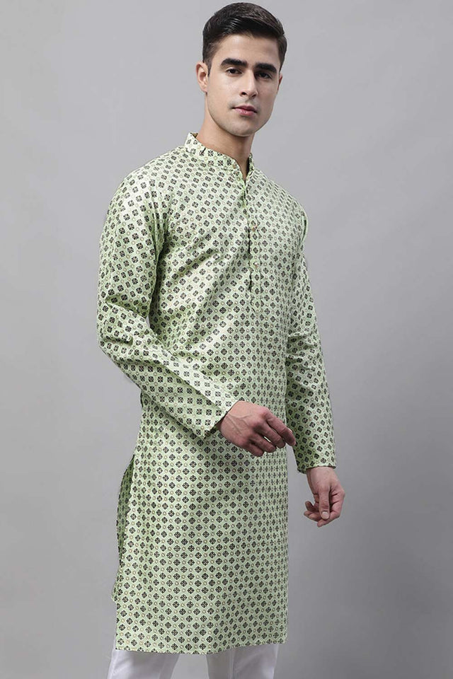 Men's Pista Green Printed Silk Blend Kurta