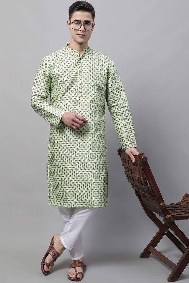 Men's Pista Green Printed Silk Blend Kurta