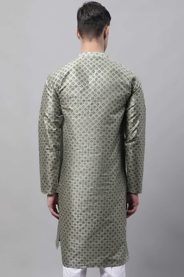 Men's Green Printed Silk Blend Kurta