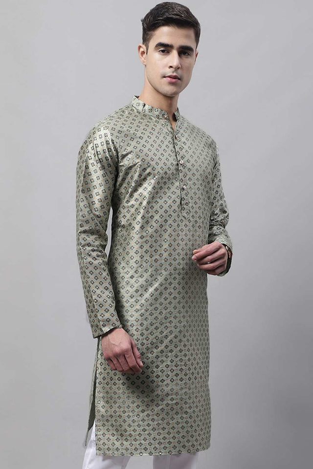 Men's Green Printed Silk Blend Kurta