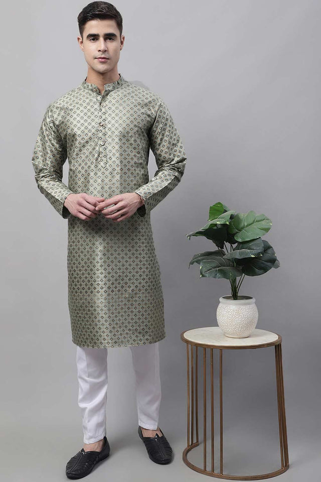 Men's Green Printed Silk Blend Kurta