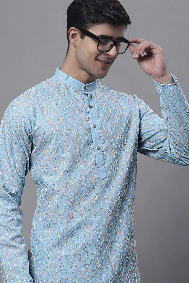 Men's Sky Blue And Multi Colored Embroidered Straight Kurta