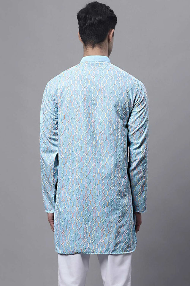 Men's Sky Blue And Multi Colored Embroidered Straight Kurta