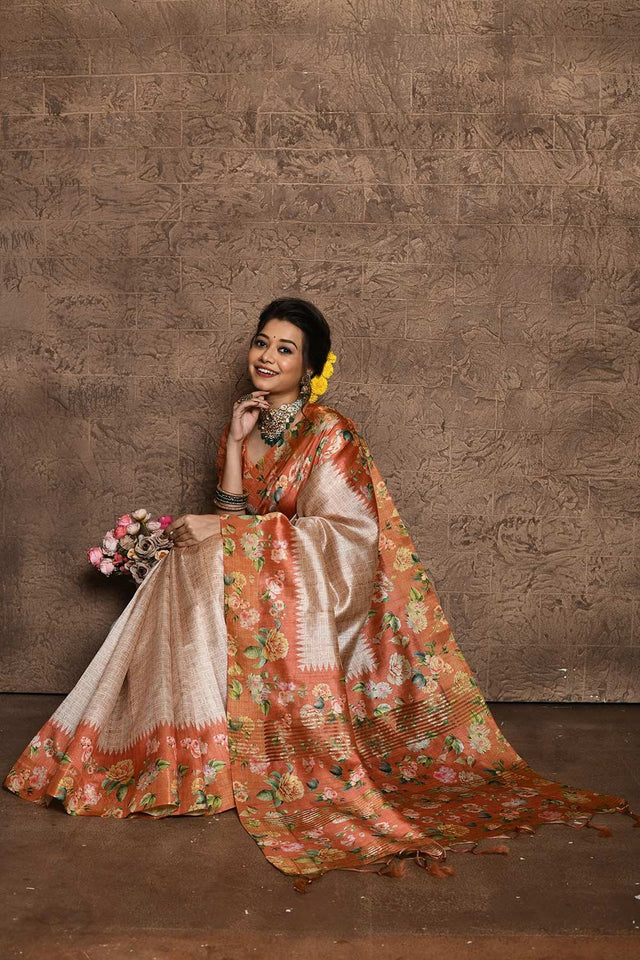 Orange Tussar Silk Weaving Saree