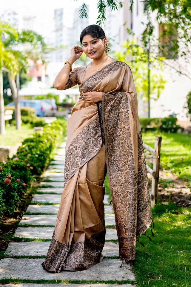 Brown Handloom Raw Silk Weaving Saree