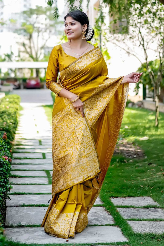 Mustard Handloom Raw Silk Weaving Saree