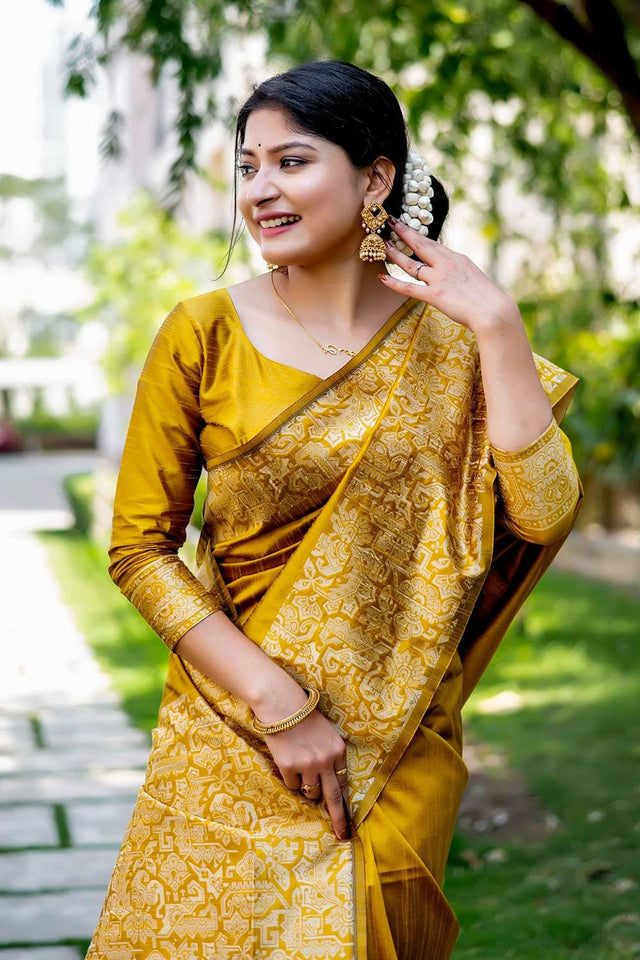 Mustard Handloom Raw Silk Weaving Saree