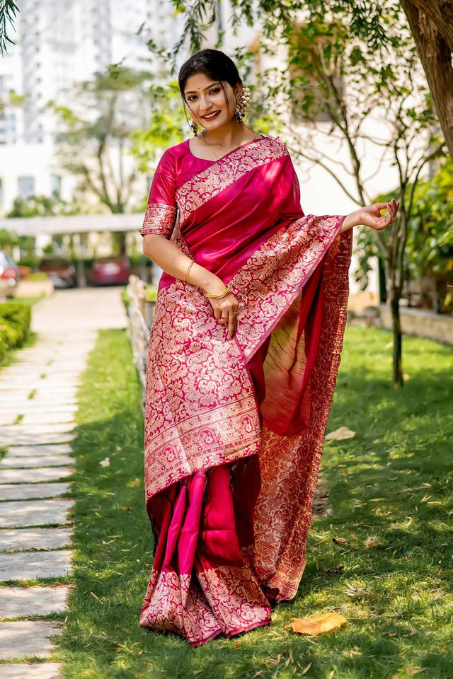 Pink Handloom Raw Silk Weaving Saree