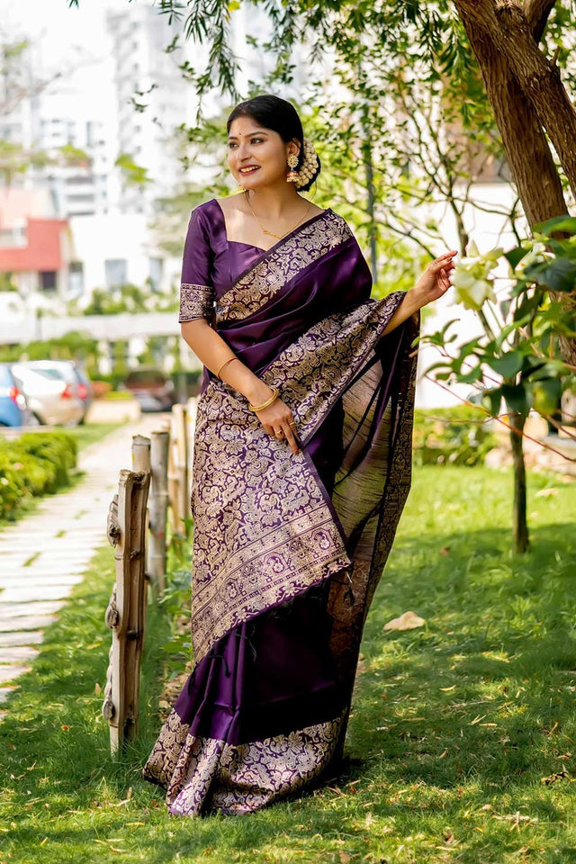 Purple Handloom Raw Silk Weaving Saree