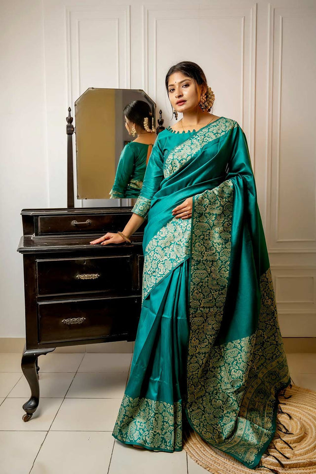 Teal Handloom Raw Silk Weaving Saree