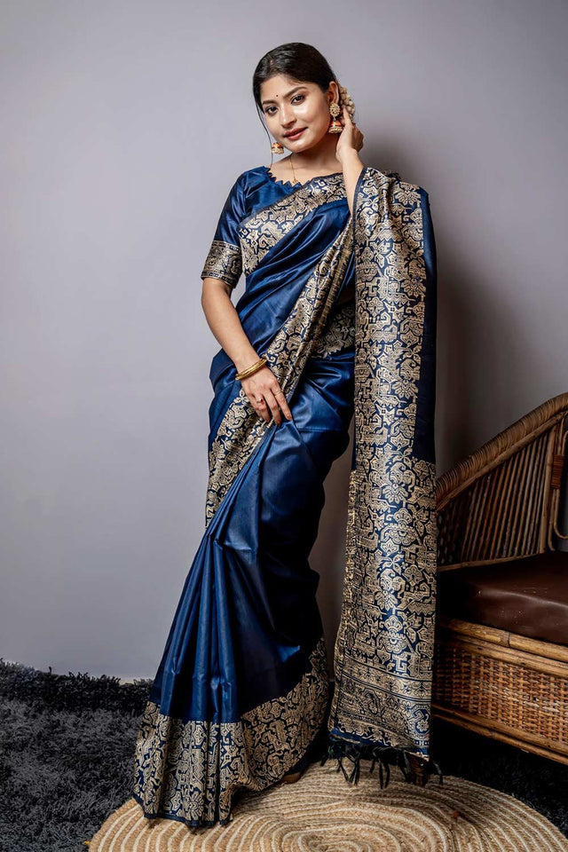 Blue Handloom Raw Silk Weaving Saree
