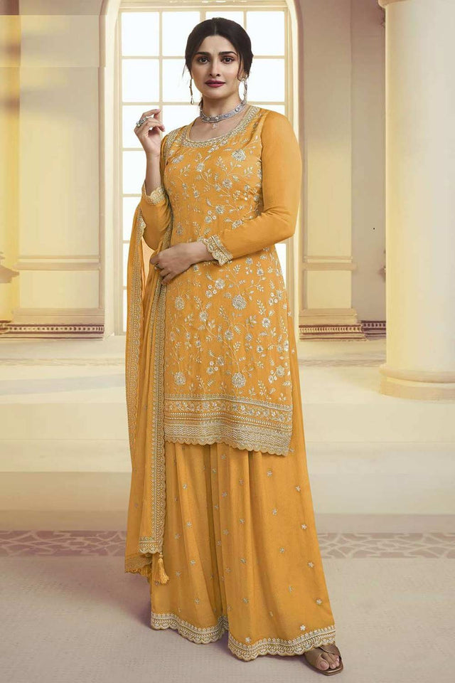 Yellow Embroidered Chinon Palazzo Suit Set