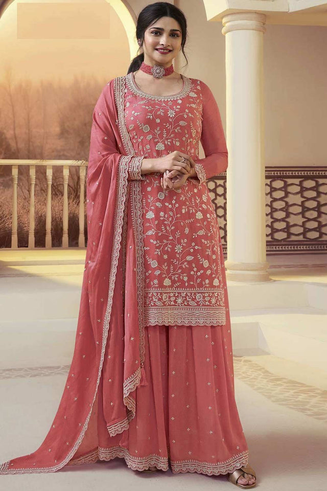 Orange Embroidered Chinon Palazzo Suit Set