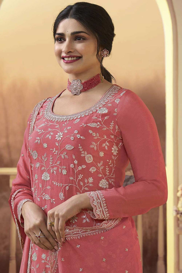 Orange Embroidered Chinon Palazzo Suit Set