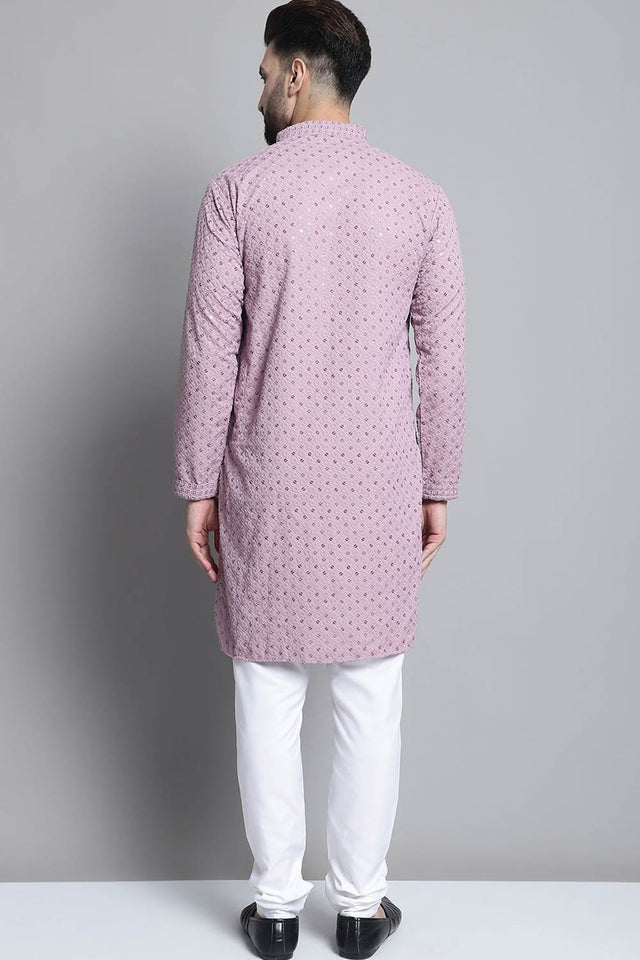 Men's Purple Sequin with Embroidered Kurta Set