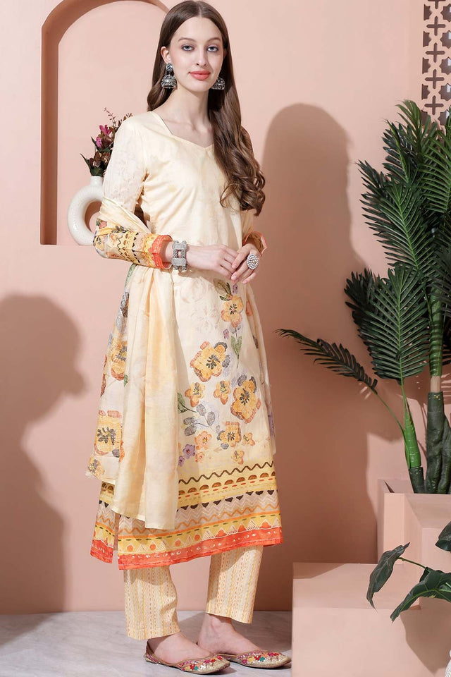 Yellow Cotton Digital Printed Kurti Pant Set
