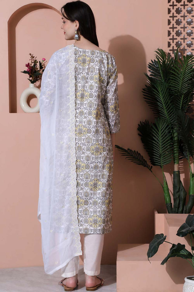 Off White Cotton Digital Printed Kurti Pant Set