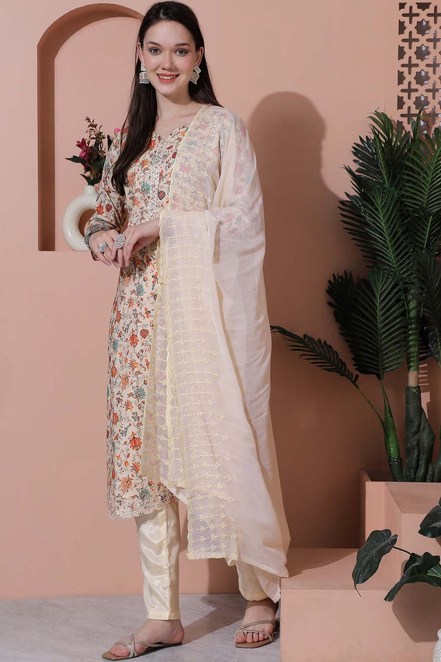 Beige Cotton Digital Printed Kurti Pant Set