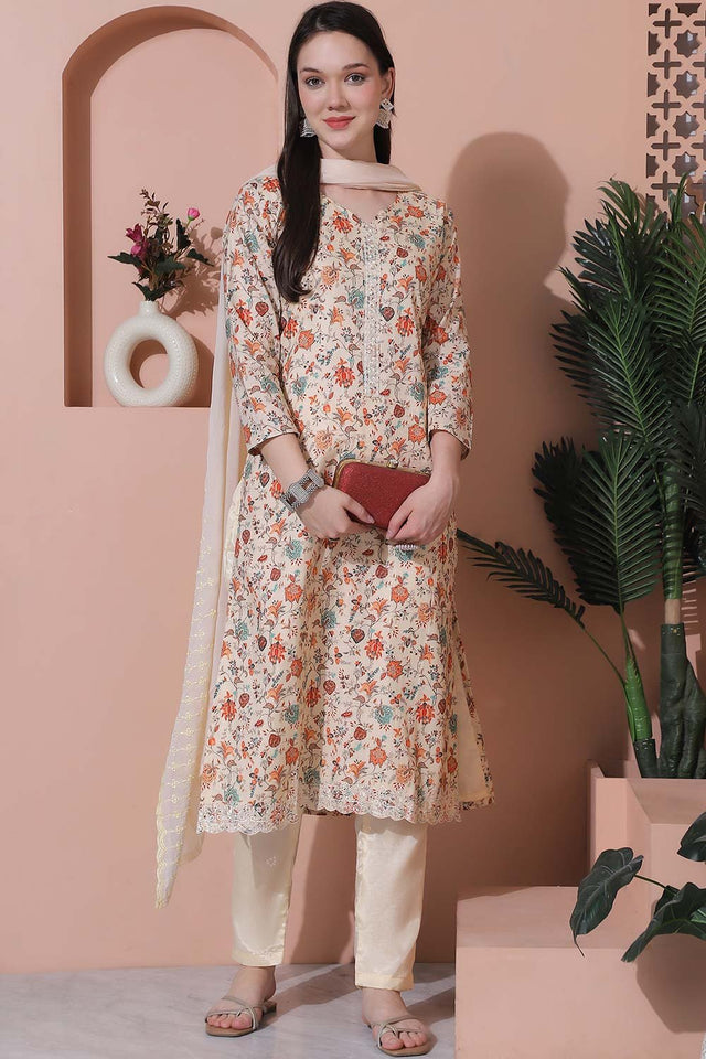 Beige Cotton Digital Printed Kurti Pant Set