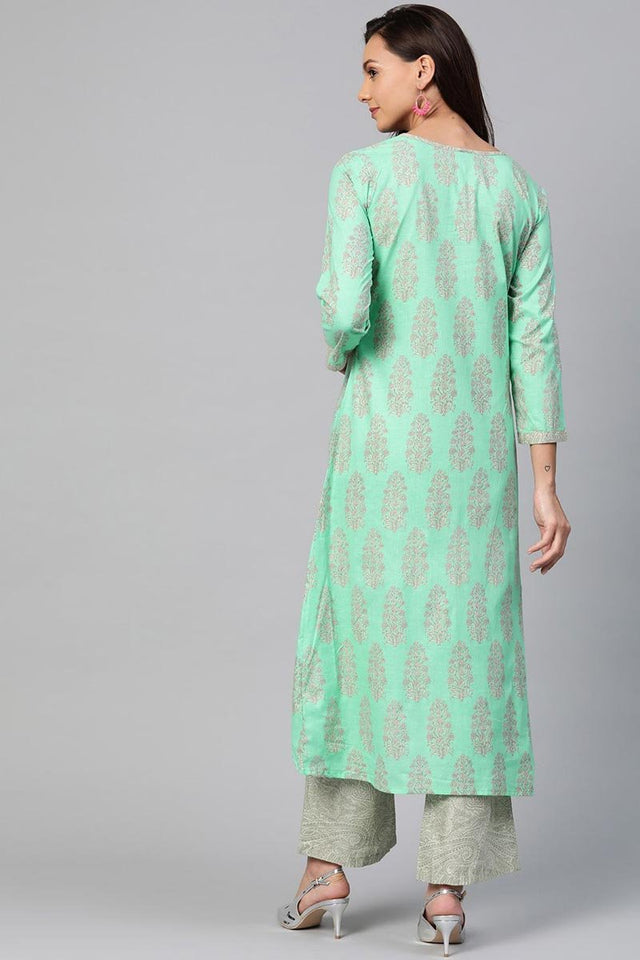 Sea Green Cotton Ethnic Motifs Kurti Set
