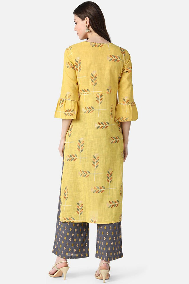 Yellow Cotton Ethnic Motifs Kurti Set