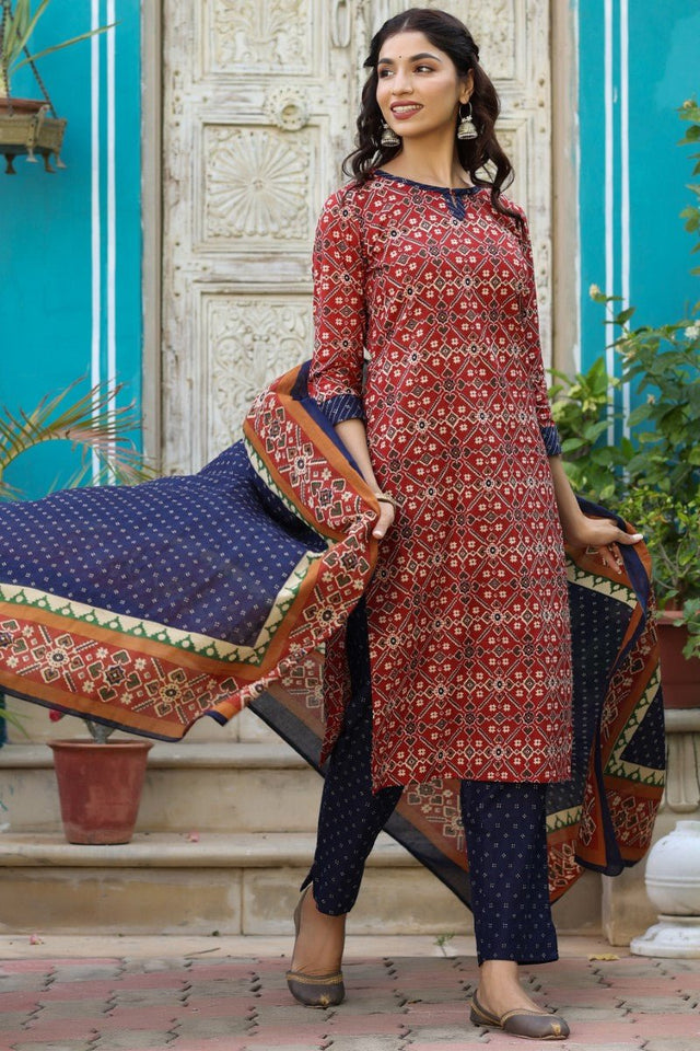 Blue And Red Printed Fancy Kurti And Palazzo Dupatta Set