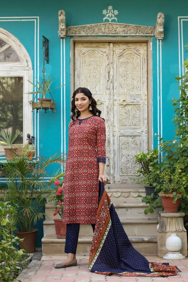 Blue And Red Printed Fancy Kurti And Palazzo Dupatta Set